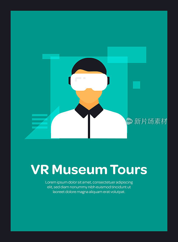 新常态概念- VR博物馆和画廊参观平面图标，平面设计矢量符号插图。Covid-19冠状病毒